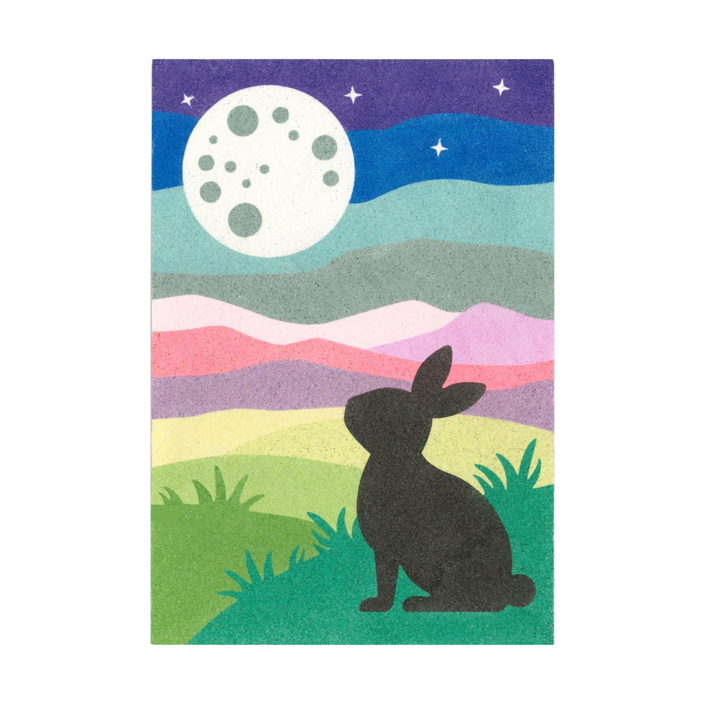 Illustration of a rabbit sitting in a colourful landscape with a moon in the sky.