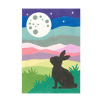 Illustration of a rabbit sitting in a colourful landscape with a moon in the sky.