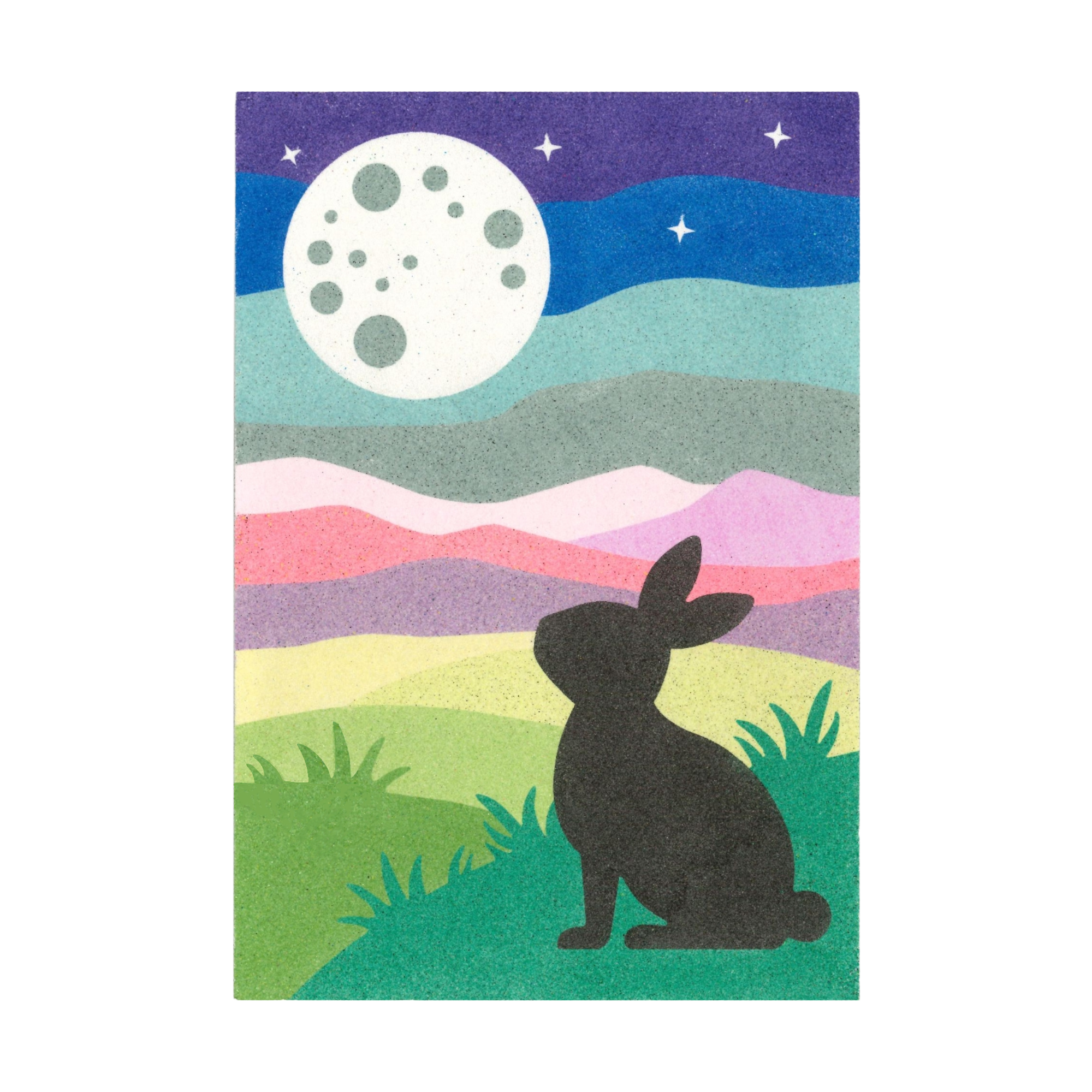 Illustration of a rabbit sitting in a colourful landscape with a moon in the sky.
